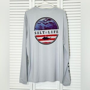 Salt Life SLX Rash Guard Men’s UVapor Long Sleeve Shirt Gray Flag Graphic Size L